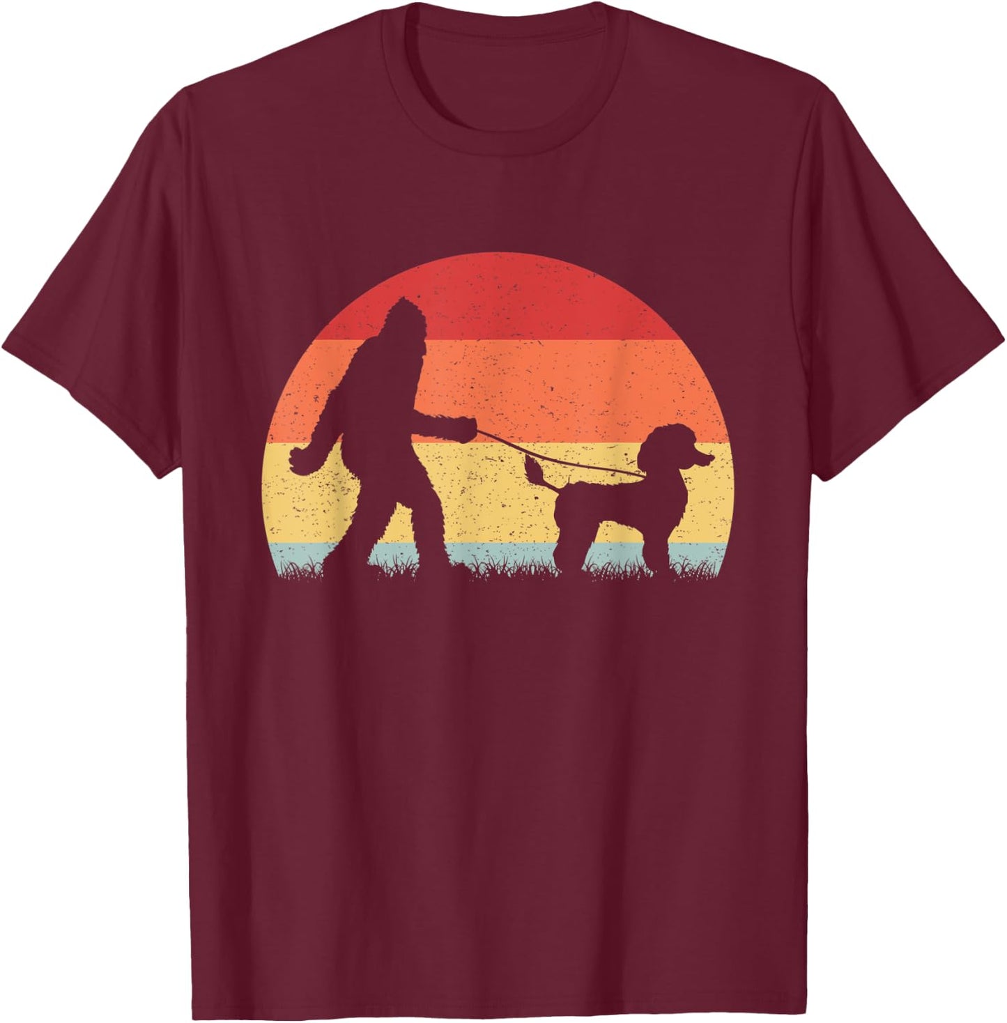 Vintage Bigfoot Walking Poodle Dog Sasquatch Funny Gifts Men Women Kids T-Shirt - T-Shirt | Maroon