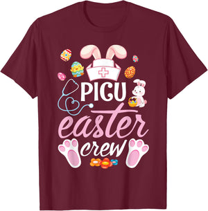 Cute Bunny Face Easter Eggs Happy Day PICU Nurse Easter Crew T-Shirt - T-Shirt | Maroon