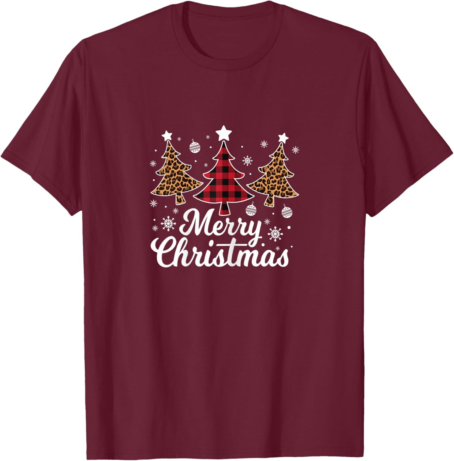 Women Leopard Plaid Christmas Tree Merry Christmas T-Shirt - T-Shirt | Maroon