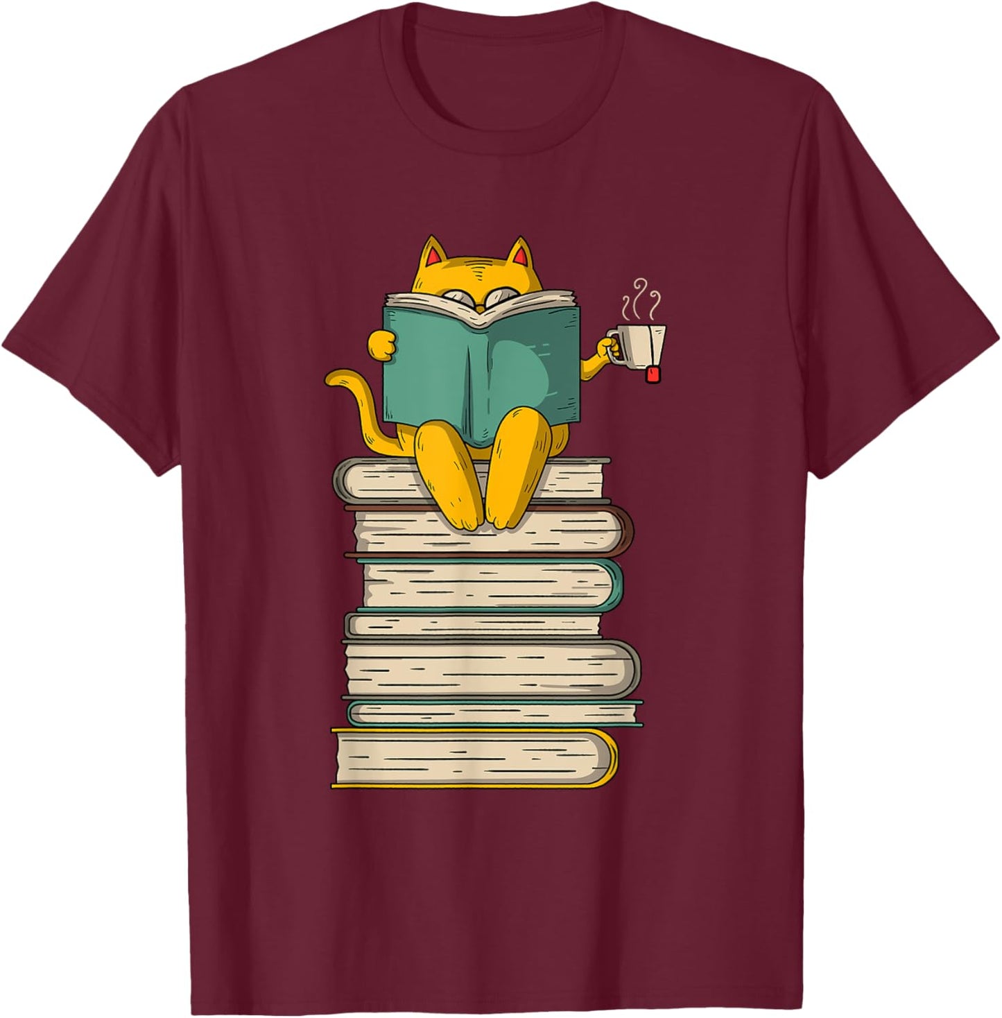 Reading Cat - Funny Book & Tea Lover Gift Short Sleeve T-Shirt - T-Shirt | Maroon