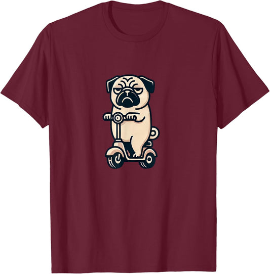 Lustiger gelangweilter Mops auf Roller T-Shirt - T-Shirt | Maroon