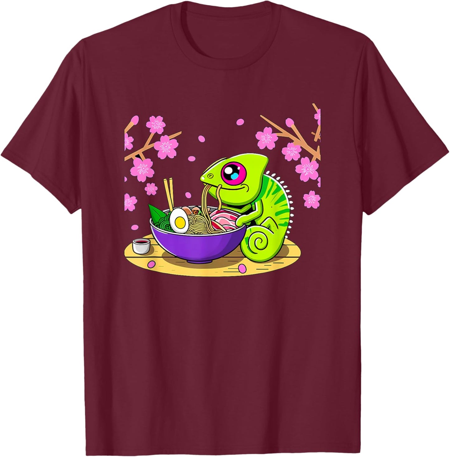 Kawaii Chameleon Eating Ramen T-Shirt - T-Shirt | Maroon