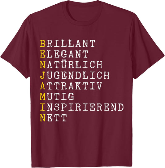 Benjamin Adjektive Personalisiert, Benjamin Name, Benjamin T-Shirt - T-Shirt | Maroon