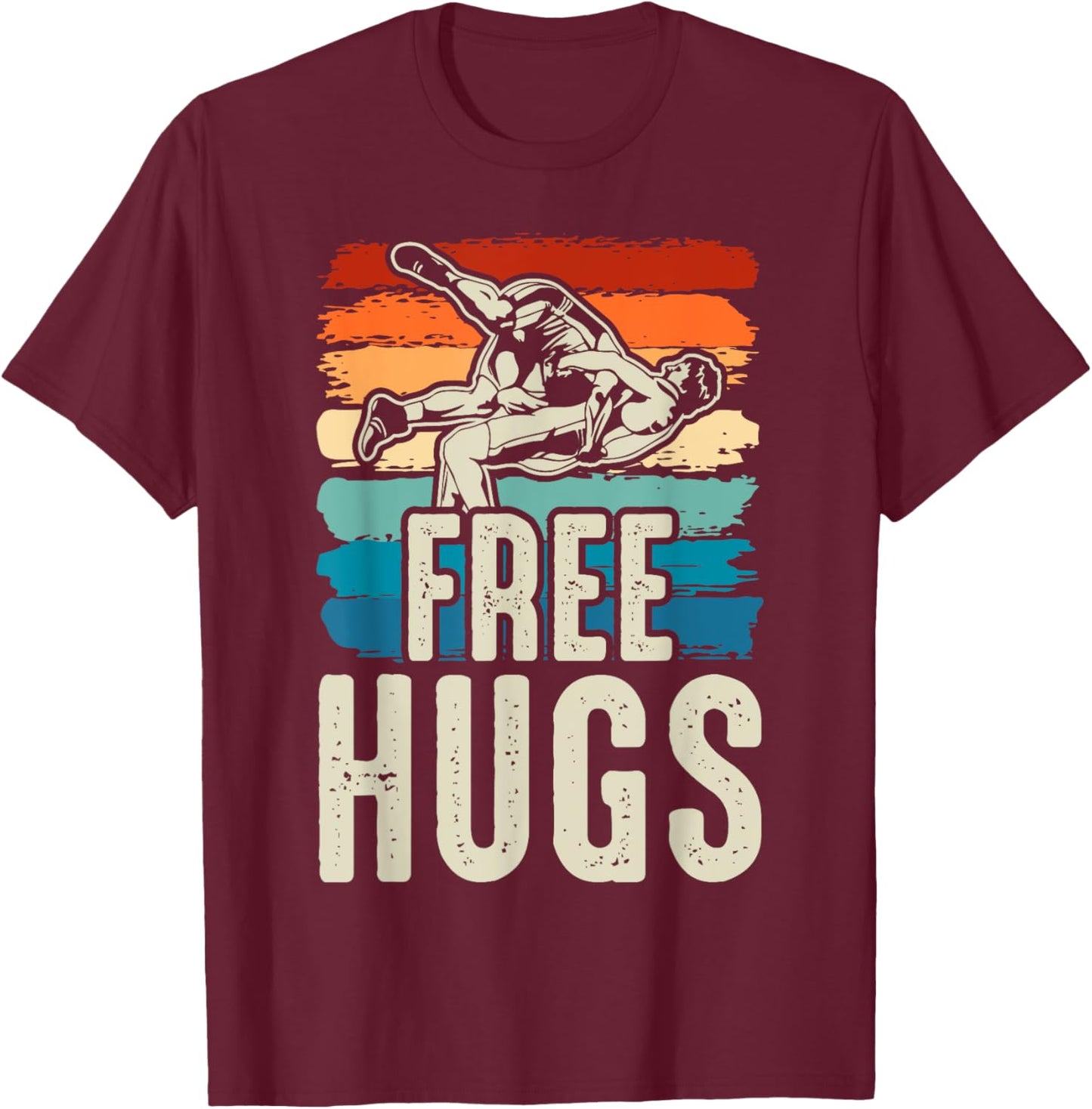 Vintage Wrestling Funny Free Hugs Wrestling T-Shirt - T-Shirt | Maroon