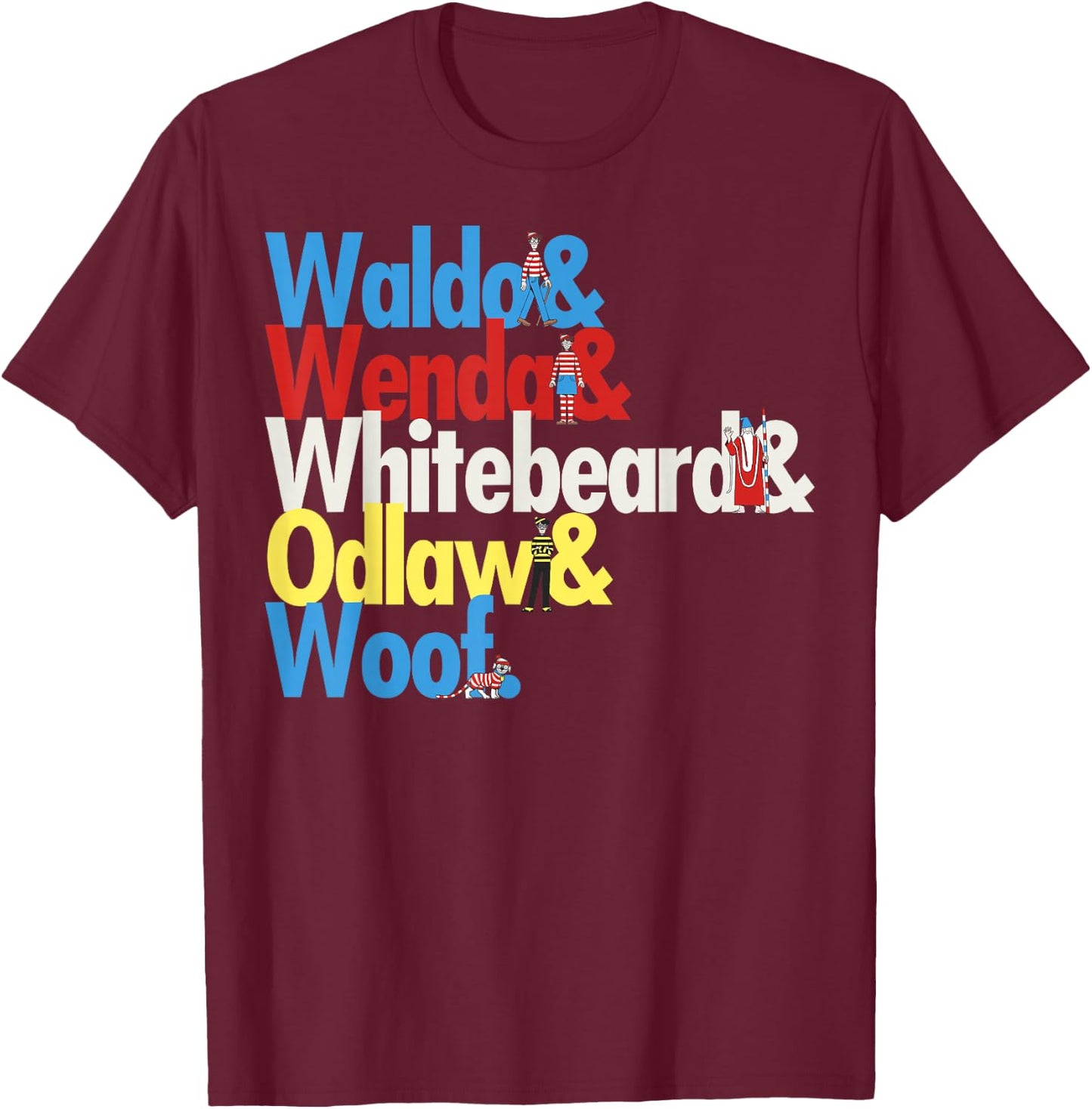 Where's Waldo Colorful Character Name Stack Graphic T-Shirt - T-Shirt | Maroon