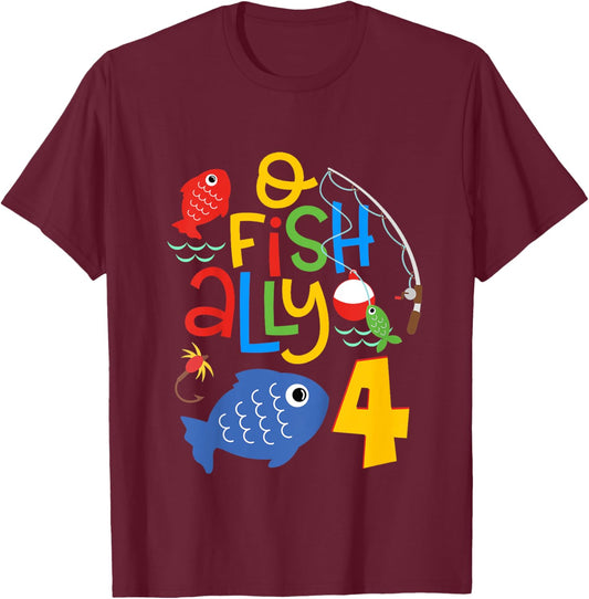 Kids O-Fish-Ally Four Birthday Decorations 4 Year Old 4th Bday T-Shirt - T-Shirt | Maroon