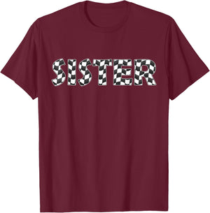 Checkered race car sister White Black Checkerboard kids Flag T-Shirt - T-Shirt | Maroon