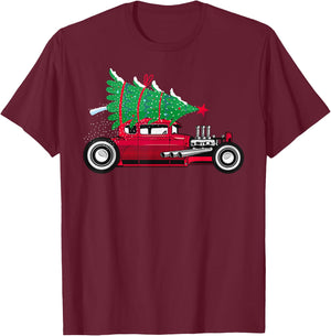 Classic Hot Rod Christmas Tree Old Vintage Car Enthusiast T-Shirt - T-Shirt | Maroon