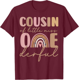 Cousin of Little Miss Onederful First Birthday Boho Rainbow T-Shirt - T-Shirt | Maroon
