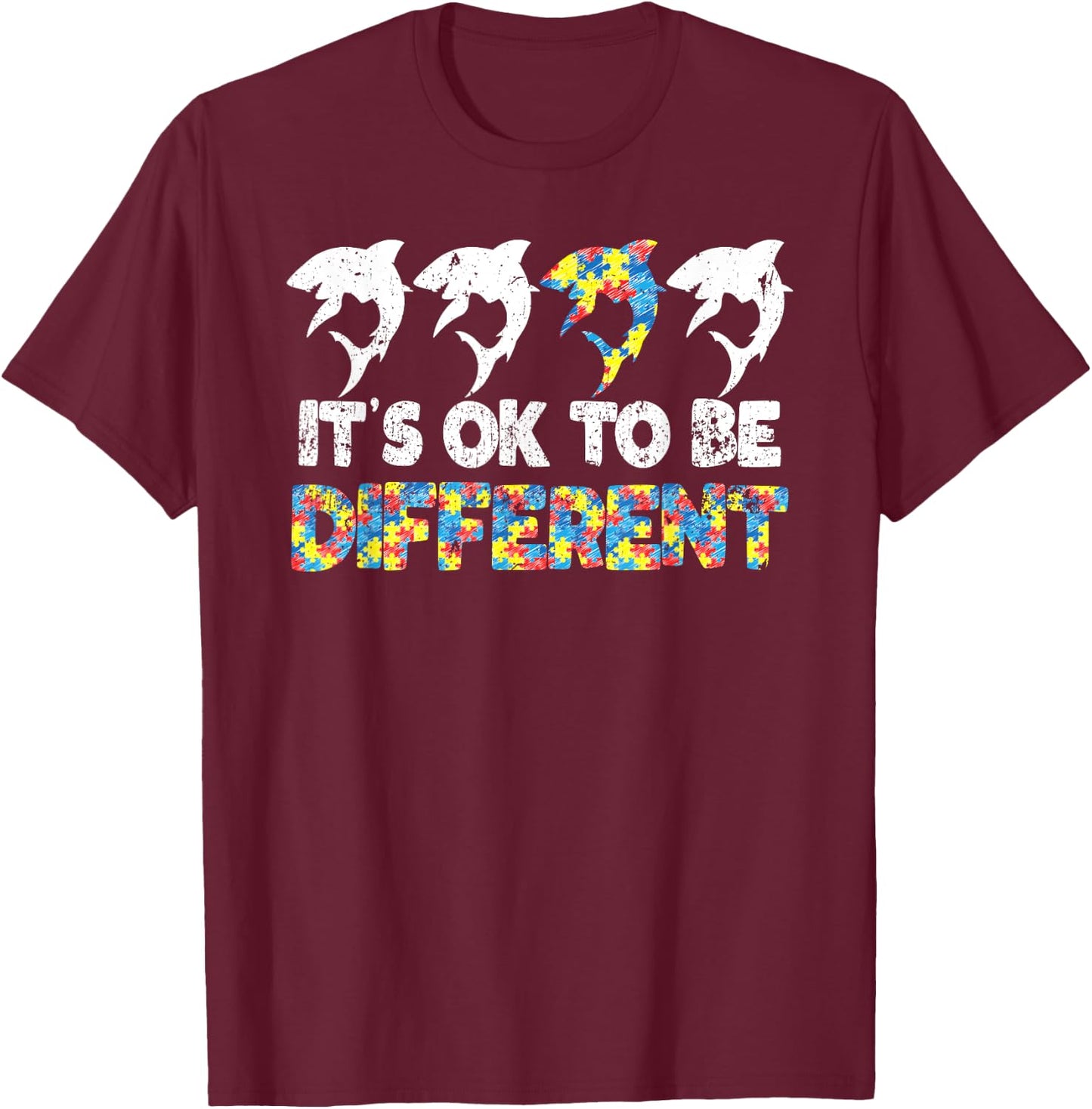 Autism Awareness SHARK Gift It's Ok To Be Different Puzzle T-Shirt - T-Shirt | Maroon