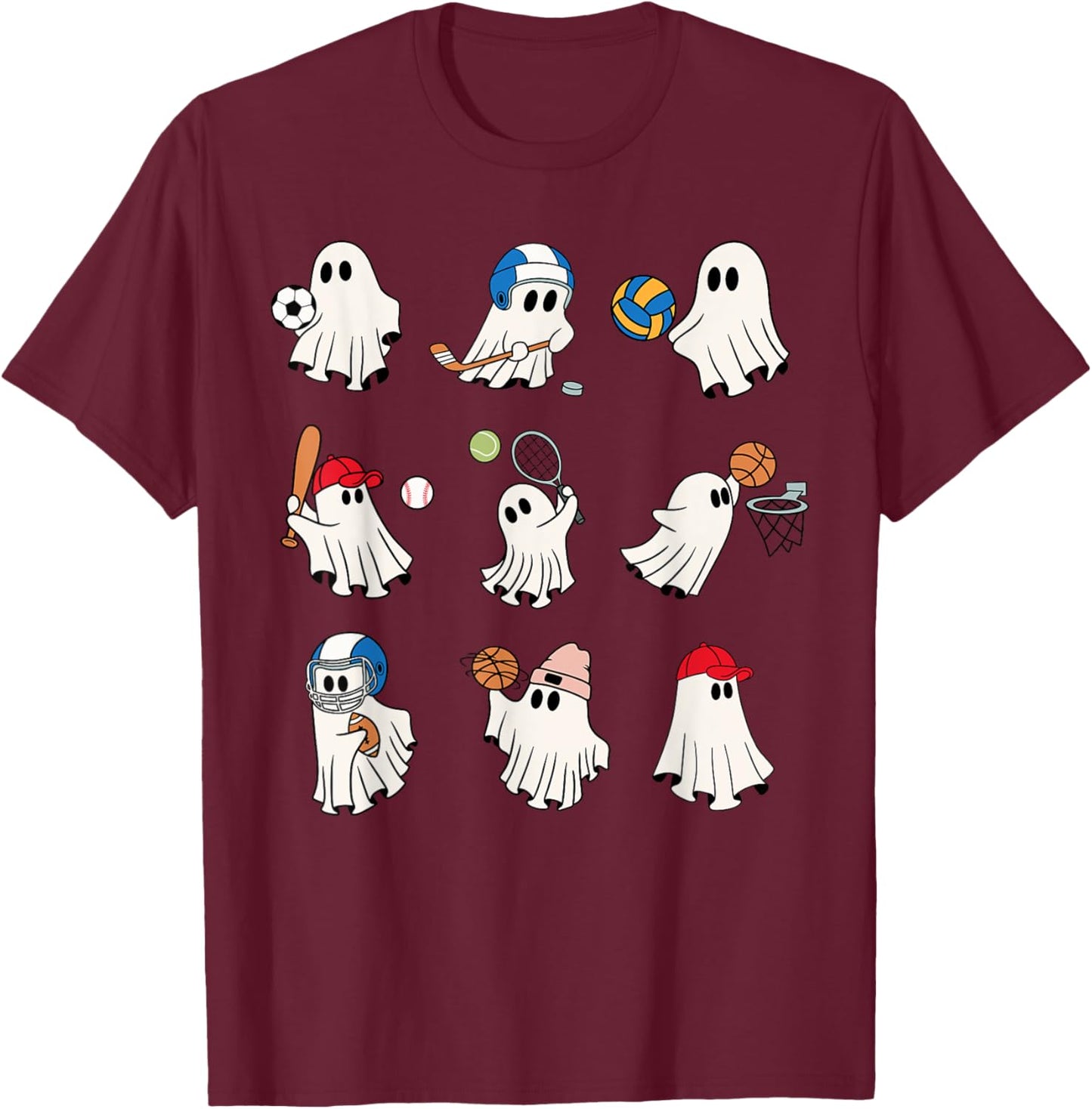 Ghost Playing Soccer Football Baseball Basketball Kid Sports T-Shirt - T-Shirt | Maroon