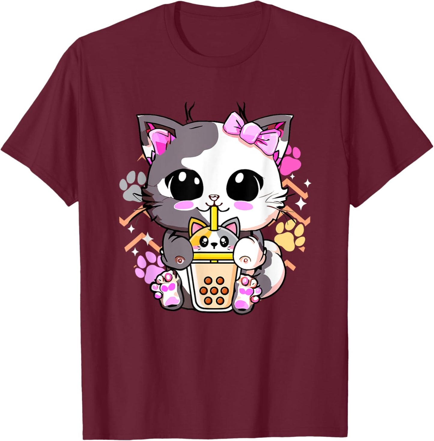 Cute Kawaii Cat Boba Bubble Milk Tea Anime Neko Kitten T-Shirt - T-Shirt | Maroon