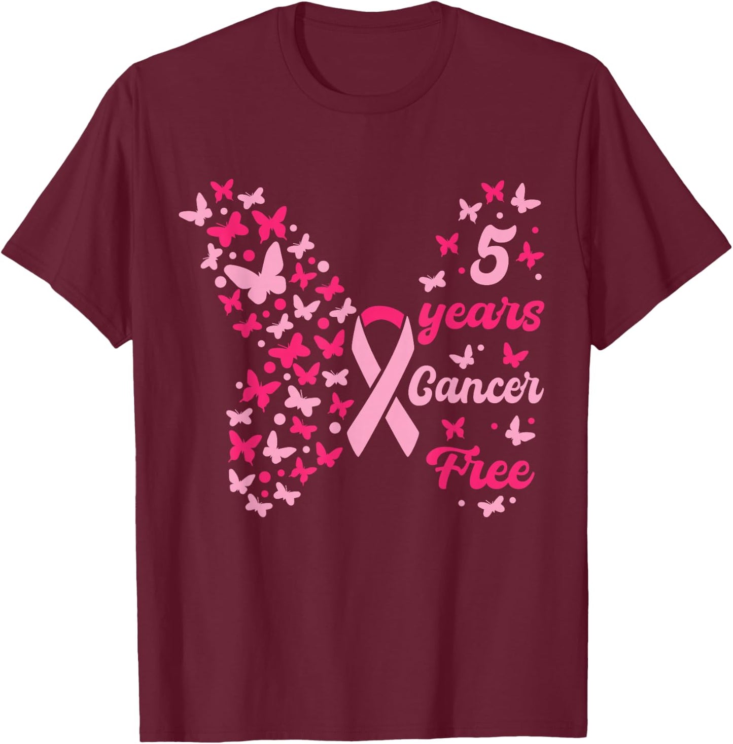 5 Year Cancer Free Breast Cancer Awareness Butterfly Women T-Shirt - T-Shirt | Maroon