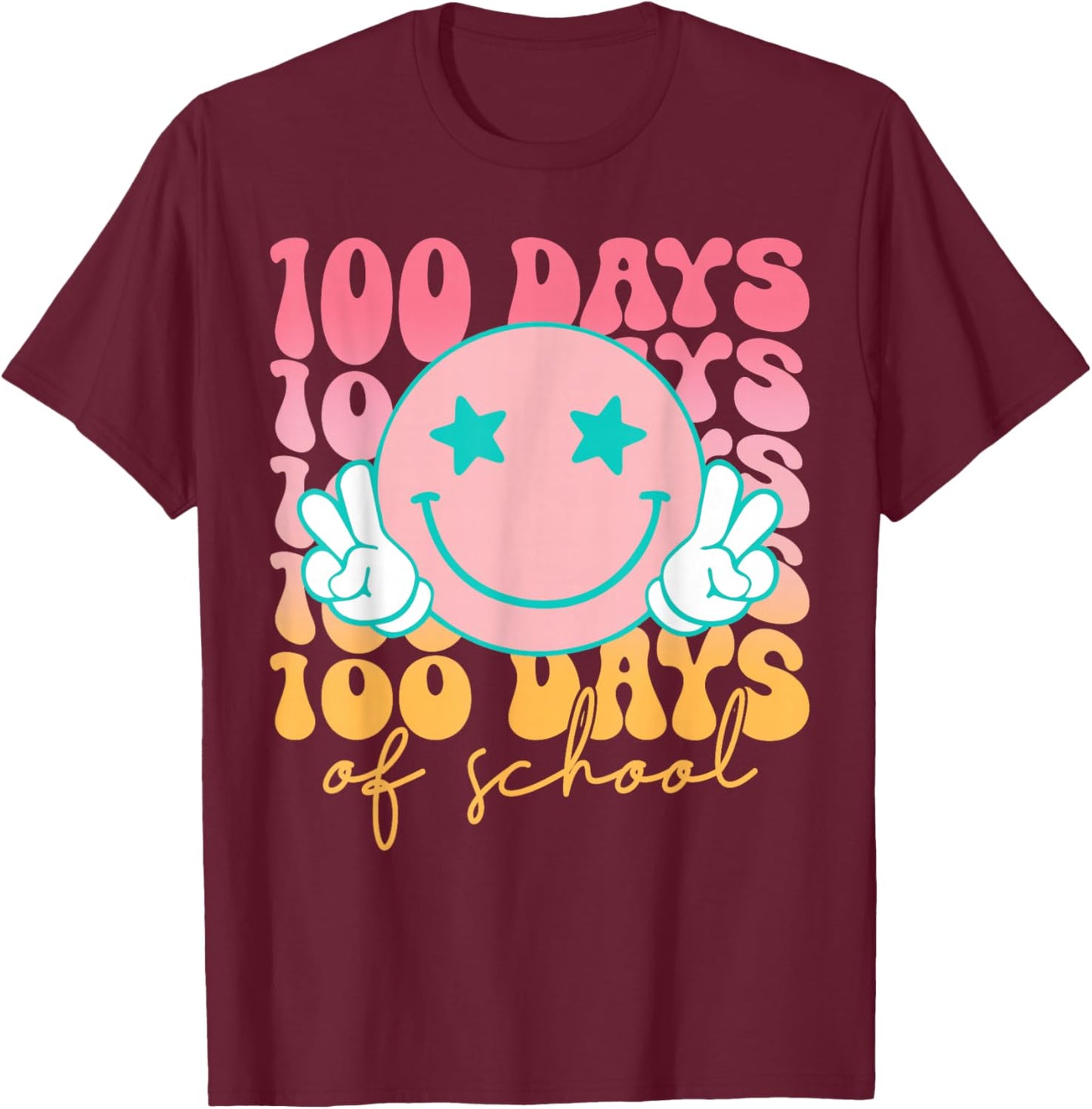 100th Day of School Retro Cute Smile Face 100 Days of School T-Shirt - T-Shirt | Maroon