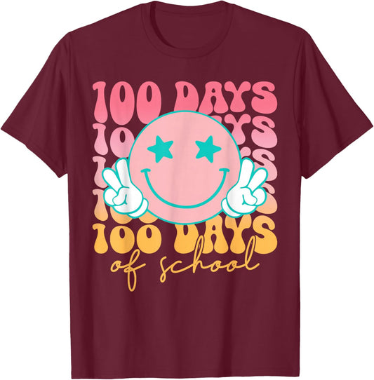 100th Day of School Retro Cute Smile Face 100 Days of School T-Shirt - T-Shirt | Maroon