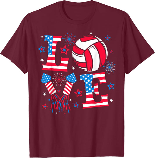 I Love Volleyball 4th July American Flag Patriotic Boys Girl T-Shirt - T-Shirt | Maroon