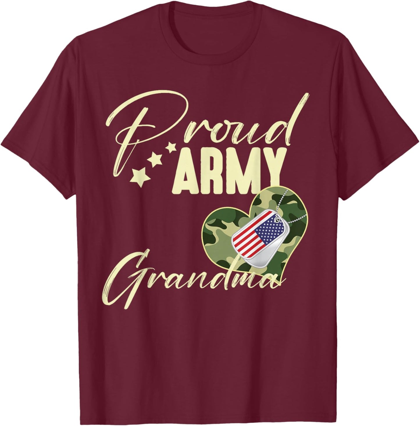 Proud Army Grandma Camouflage Dog Tag USA American Flag T-Shirt - T-Shirt | Maroon