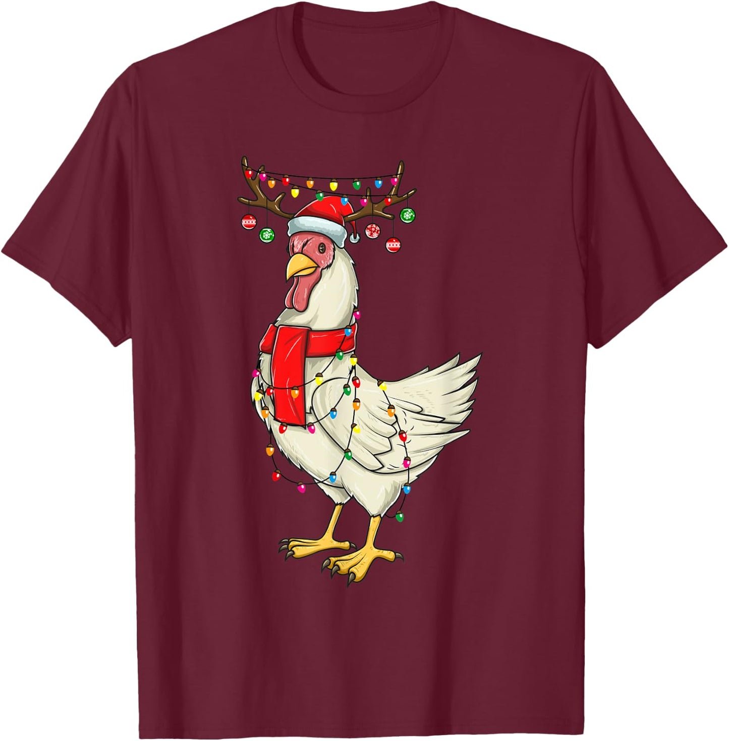 Christmas Chicken Holiday Lights with Antlers and Ornaments T-Shirt - T-Shirt | Maroon