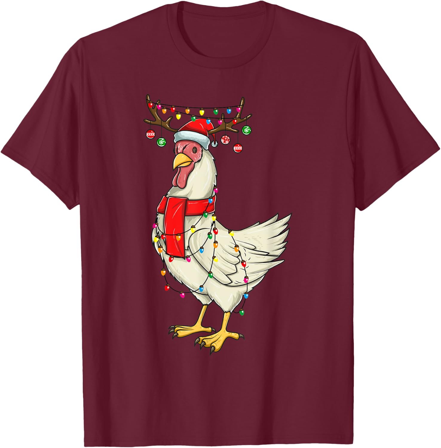 Christmas Chicken Holiday Lights with Antlers and Ornaments T-Shirt - T-Shirt | Maroon