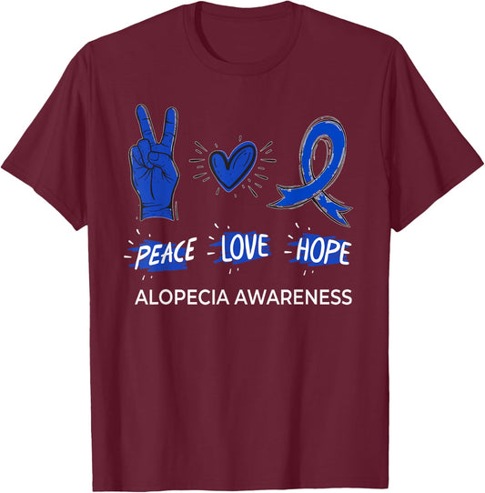 Peace Love Hope Alopecia Awareness Areata Ribbon Support T-Shirt - T-Shirt | Maroon