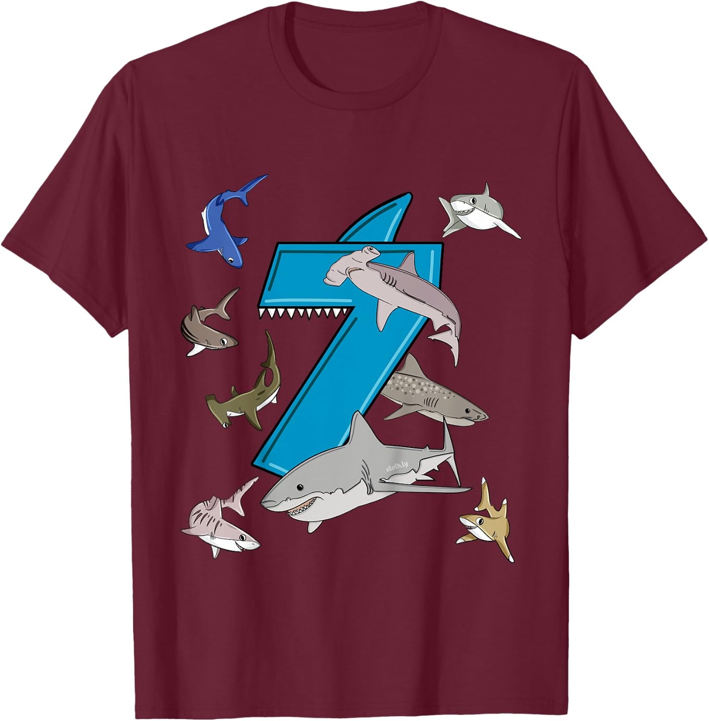 Kids 7th Birthday boys shark white shark T-Shirt - T-Shirt | Maroon