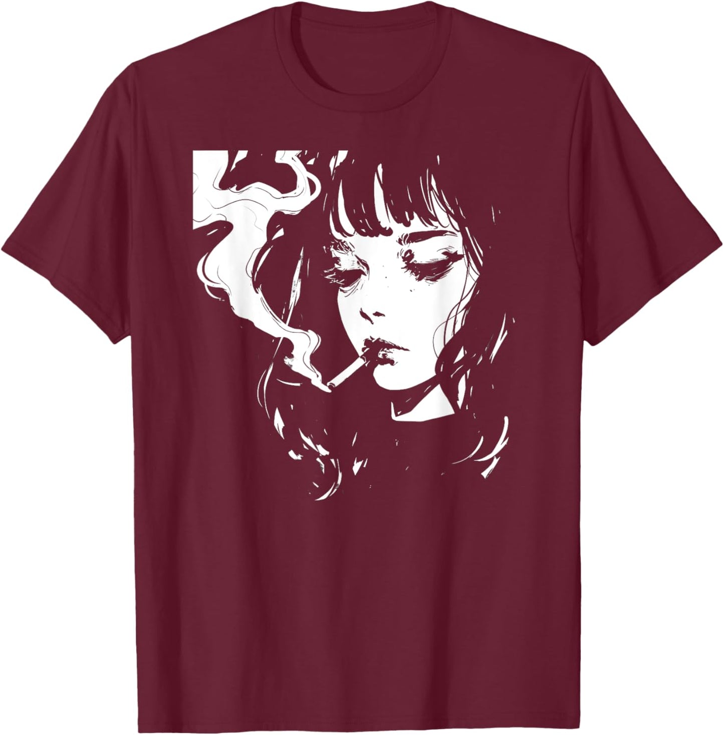 Soft Grunge Kawaii Anime Girl Smoking Waifu Otaku Japanese T-Shirt - T-Shirt | Maroon