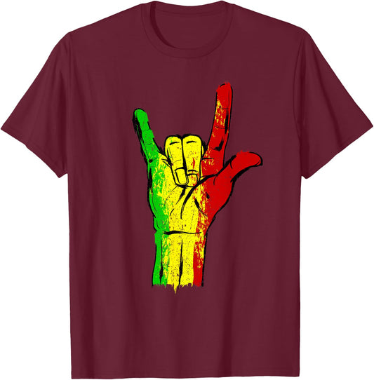 I love you in ASL with Reggae Rastafari Colors T-Shirt - T-Shirt | Maroon