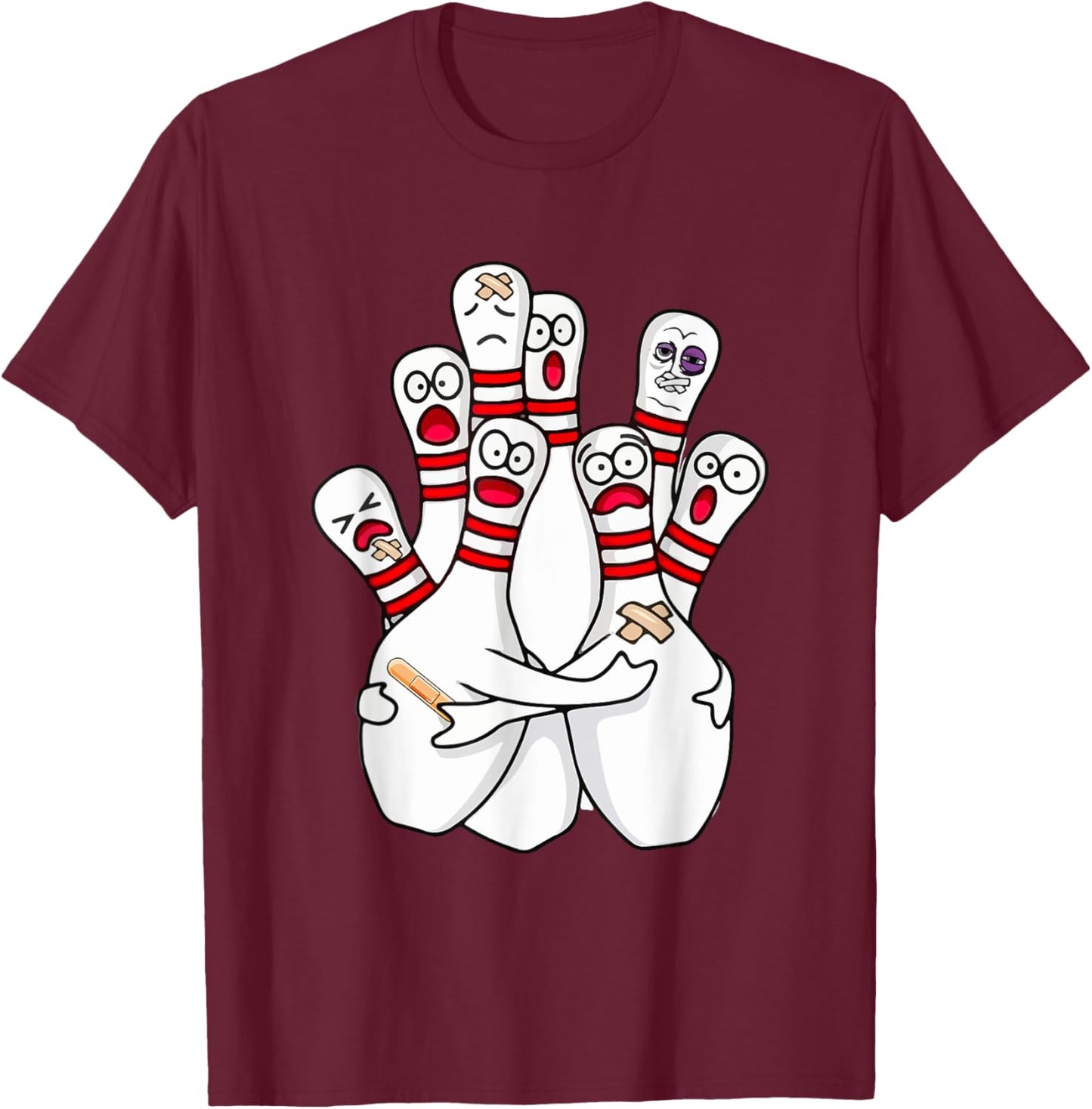 Cartoon Bowling Scared Bowling Pins Funny Sport Bowler T-Shirt - T-Shirt | Maroon