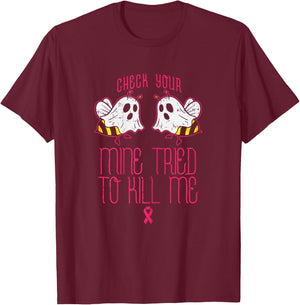 Check Your Boo-bees Funny Halloween Breast Cancer Awareness T-Shirt - T-Shirt | Maroon