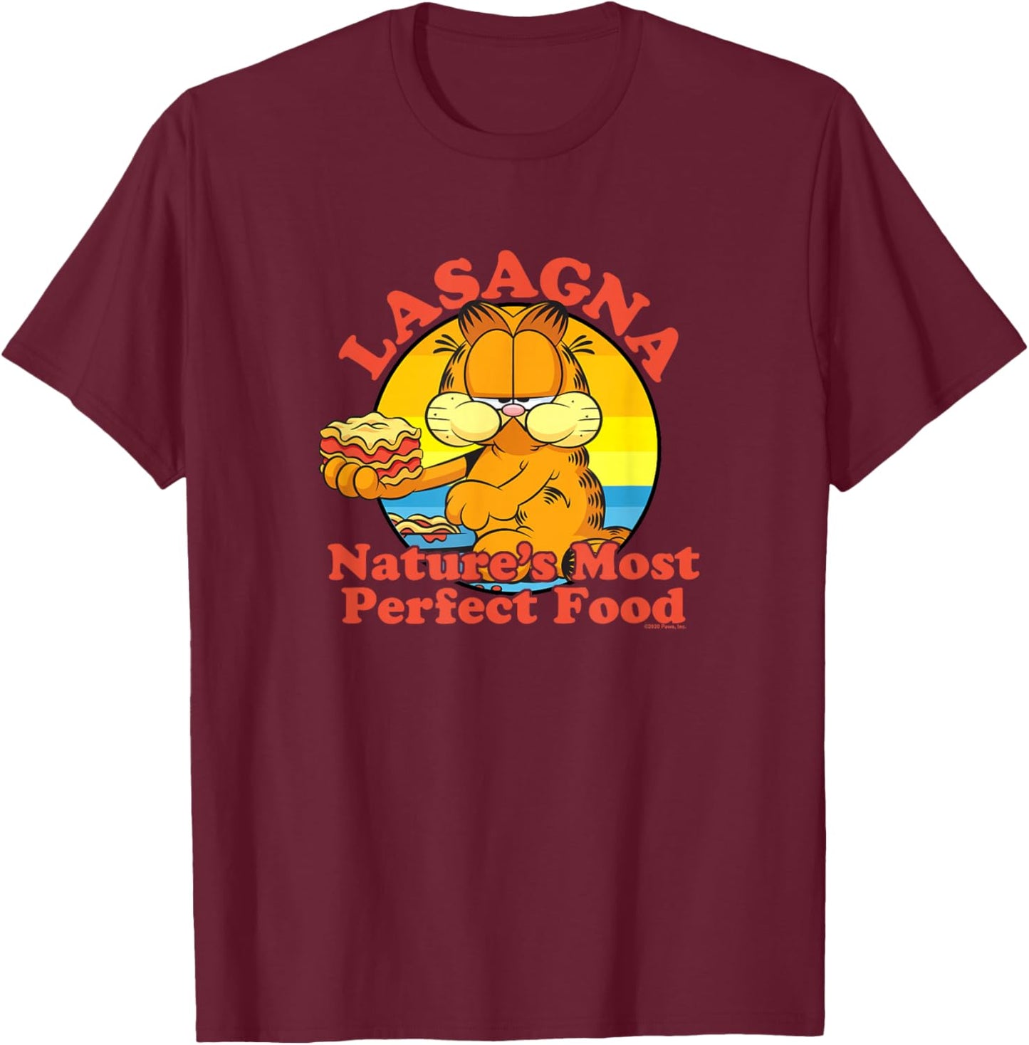 Garfield Lasagna Nature's Most Perfect Food Garfield Circle T-Shirt - T-Shirt | Maroon