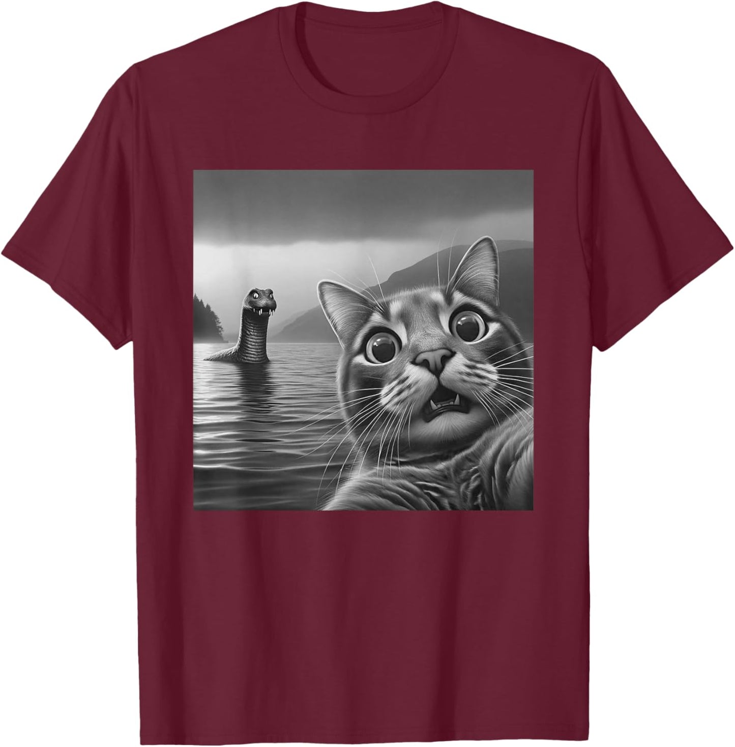 Funny Surprised Cat Selfie with Loch Ness Monster Nessie Women Girls Kids T-Shirt - T-Shirt | Maroon