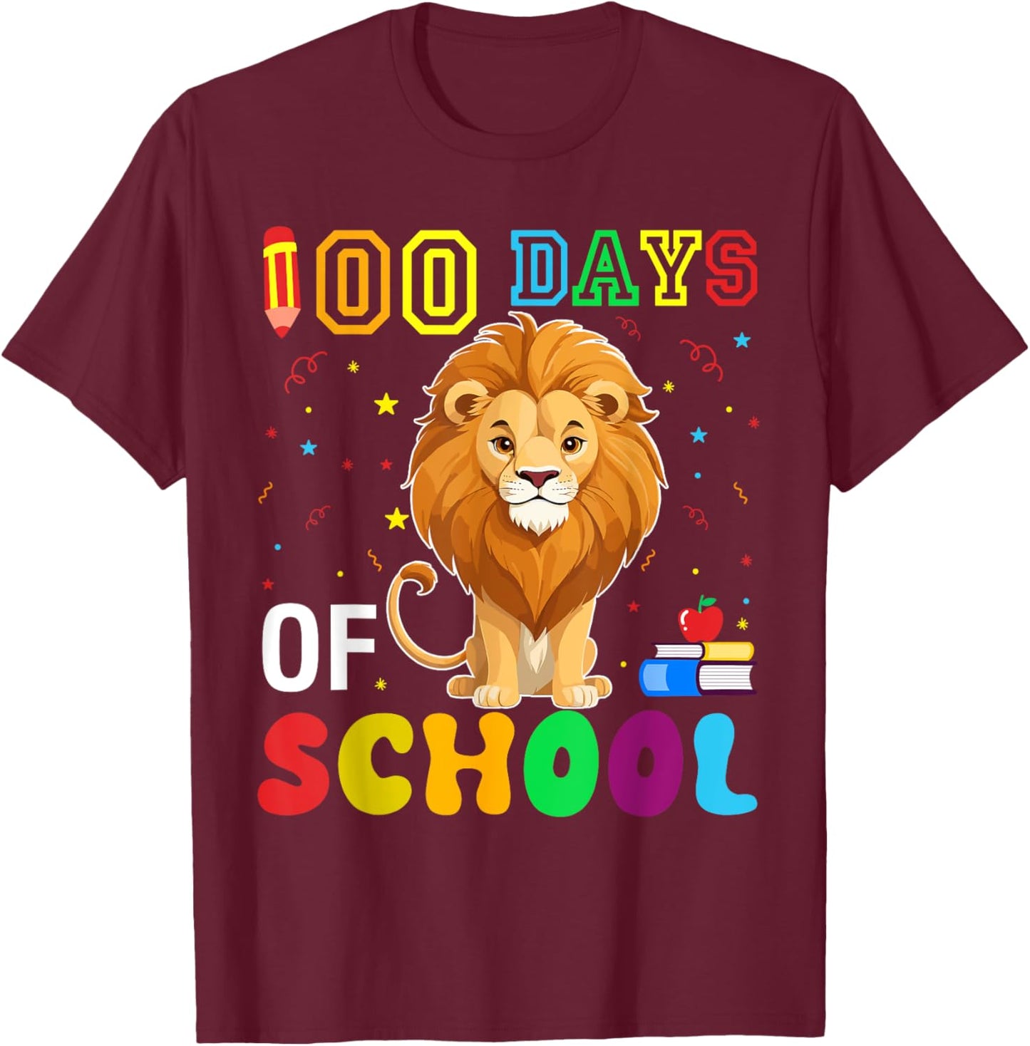 Funny Lion Lover Boys Girls 100 Days of School T-Shirt - T-Shirt | Maroon