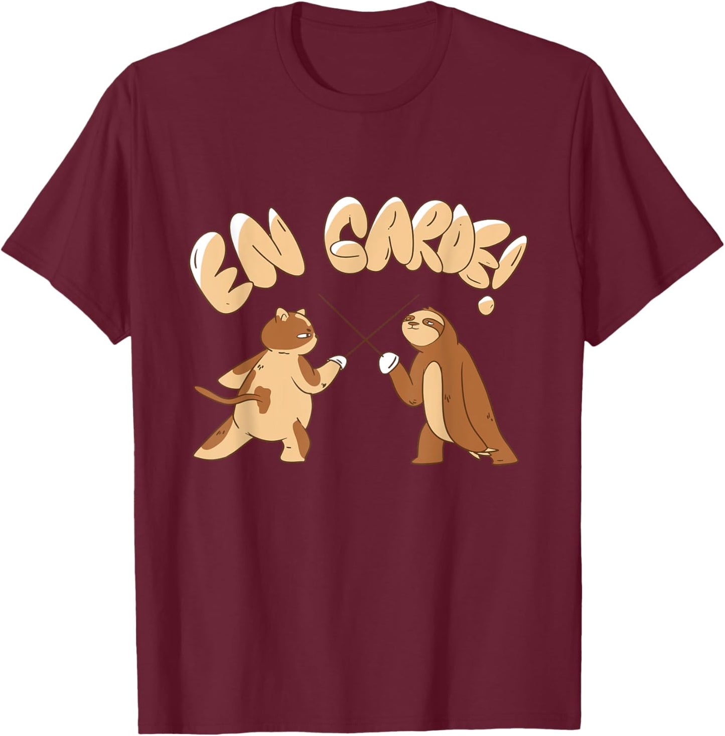 Funny Fencing En Garde Sloth Cat Epee Sabre Sword Fencer Women Girls Kids T-Shirt - T-Shirt | Maroon