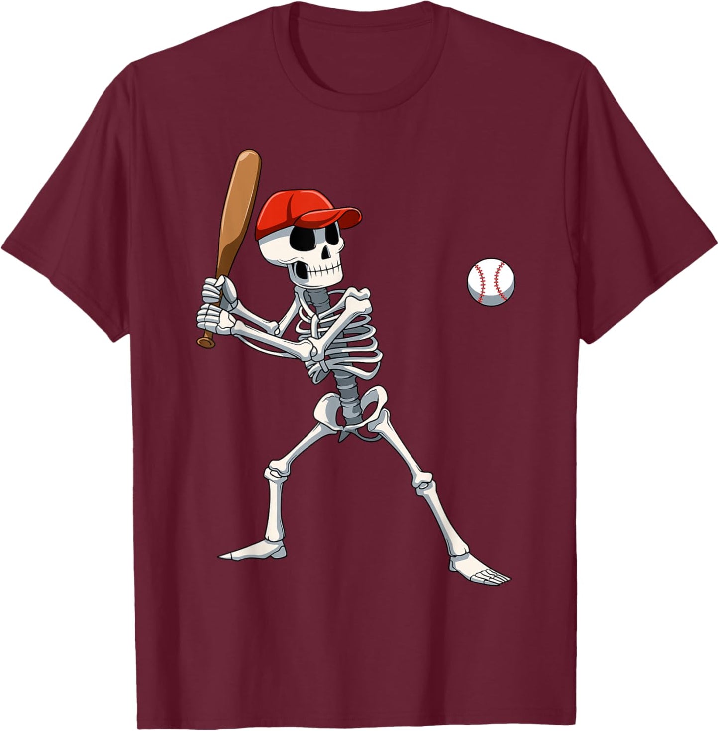 Baseball Skeleton Halloween Skeleton Playing Baseball T-Shirt - T-Shirt | Maroon