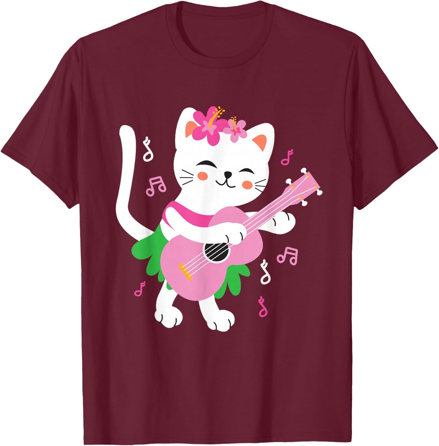 Kids Cat Playing Ukulele Player Hawaiian Musician T-Shirt - T-Shirt | Maroon