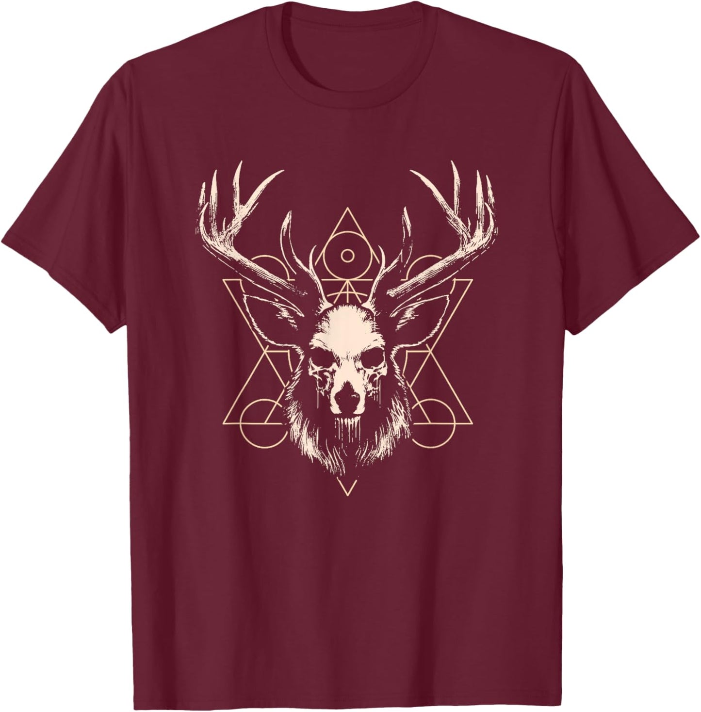 Unholy Deer Skull Design with Occult Symbols T-Shirt - T-Shirt | Maroon