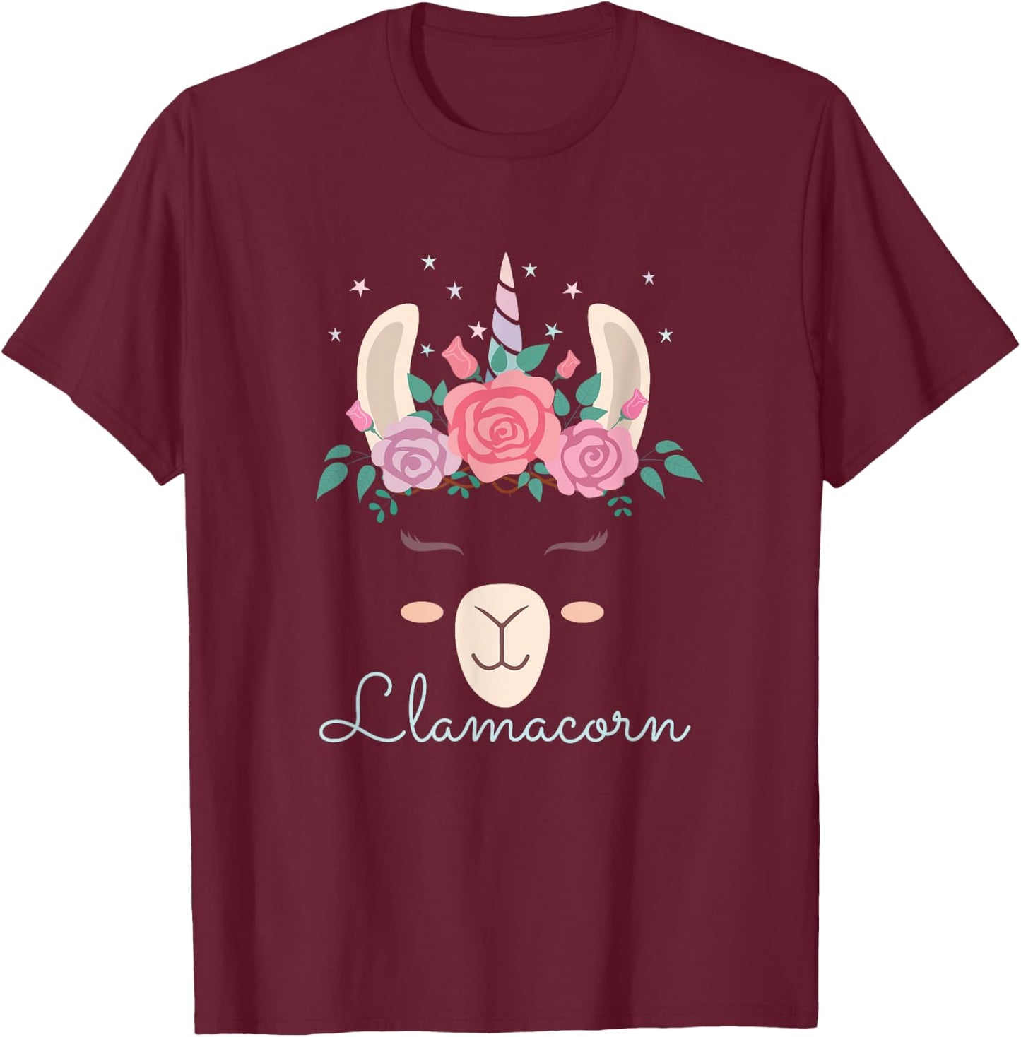 Cute Flowers Lamacorn Llama Unicorn Kawaii Flowers Llama T-Shirt - T-Shirt | Maroon
