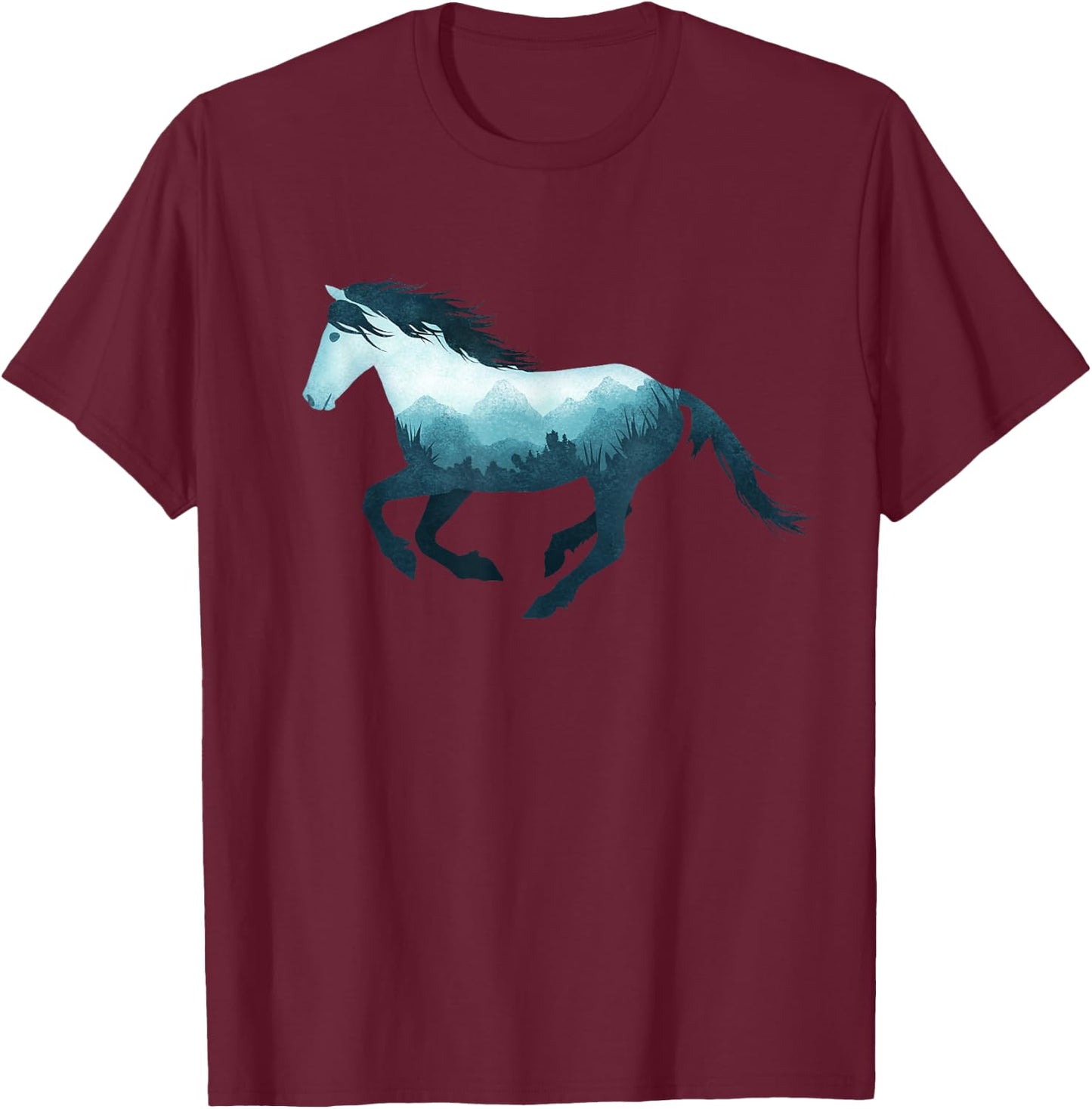 Wild Horse Mustang Equine Double Exposure Wildlife Animal T-Shirt - T-Shirt | Maroon