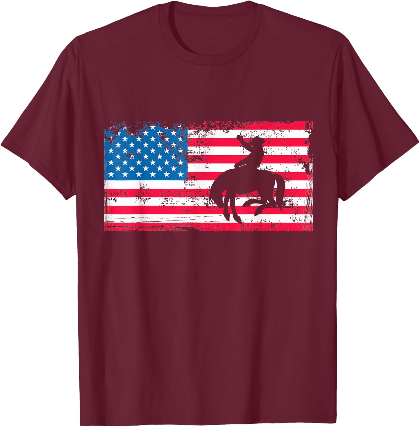Retro American Flag Rodeo Bronc Horse Riding Cowboy Cowgirl T-Shirt - T-Shirt | Maroon