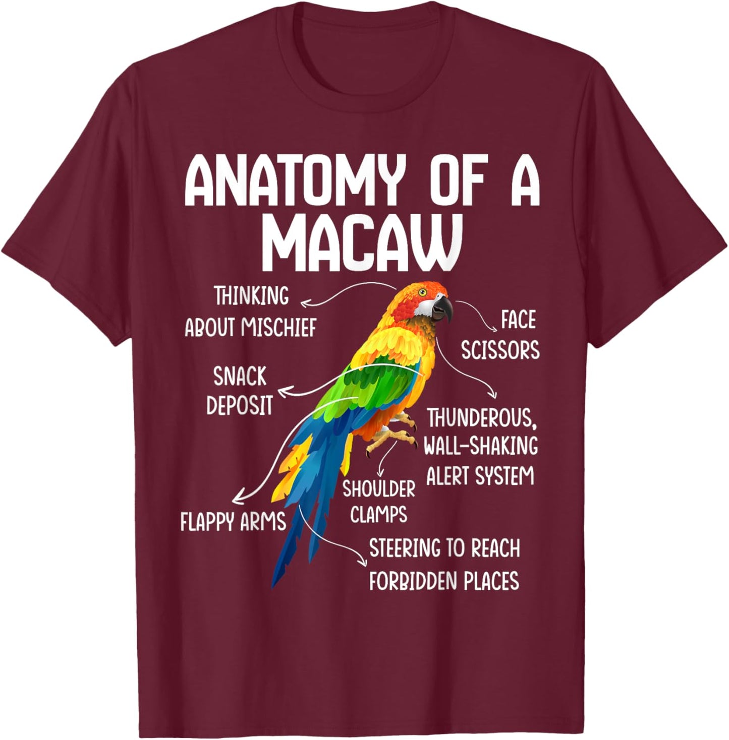 Anatomy of a Macaw Macaw Blue Yellow Hybrid Macaw Bird T-Shirt - T-Shirt | Maroon