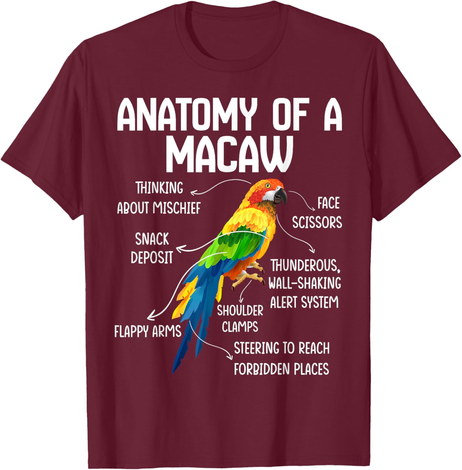 Anatomy of a Macaw Macaw Blue Yellow Hybrid Macaw Bird T-Shirt - T-Shirt | Maroon