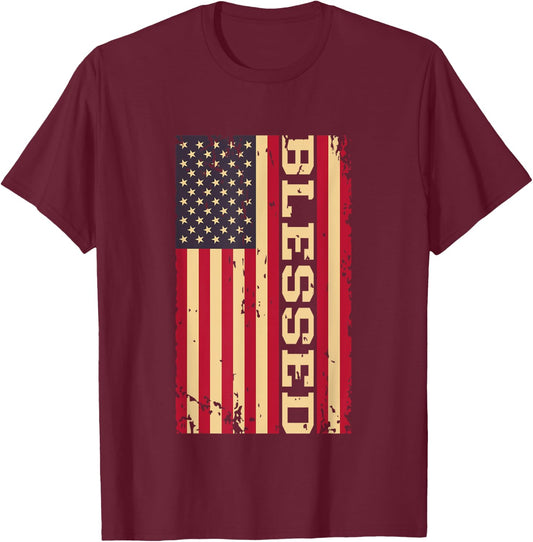 Blessed Christian Religious USA American Flag T-Shirt - T-Shirt | Maroon