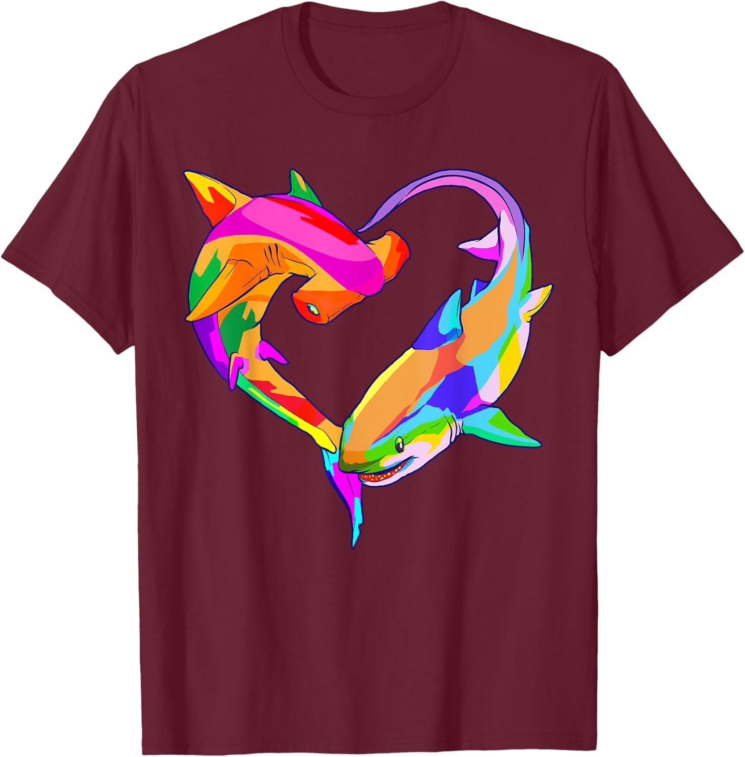 Love Heart Shark Valentine's Day I Love Sharks Colorful T-Shirt - T-Shirt | Maroon