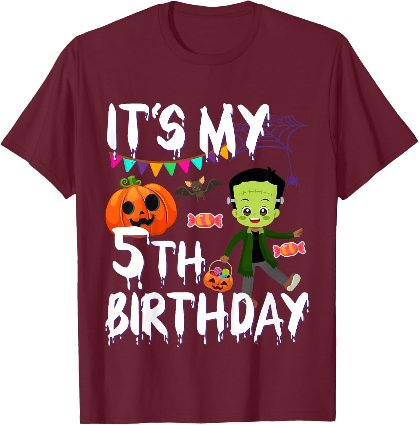 Kids 5th Birthday Monster Pumpkin Halloween Costume T-Shirt - T-Shirt | Maroon