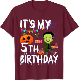 Kids 5th Birthday Monster Pumpkin Halloween Costume T-Shirt - T-Shirt | Maroon