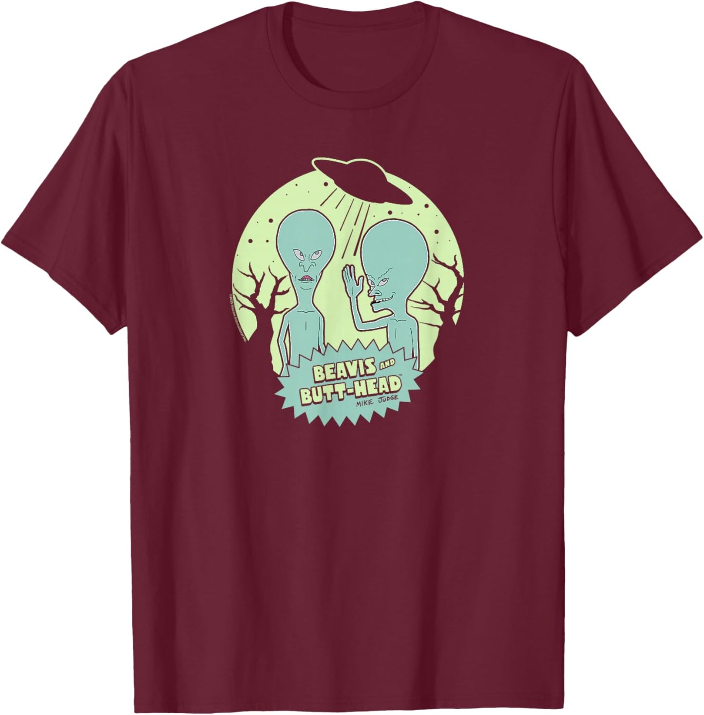 Beavis and Butt-Head Aliens with UFO Retro Funny Cartoon T-Shirt - T-Shirt | Maroon