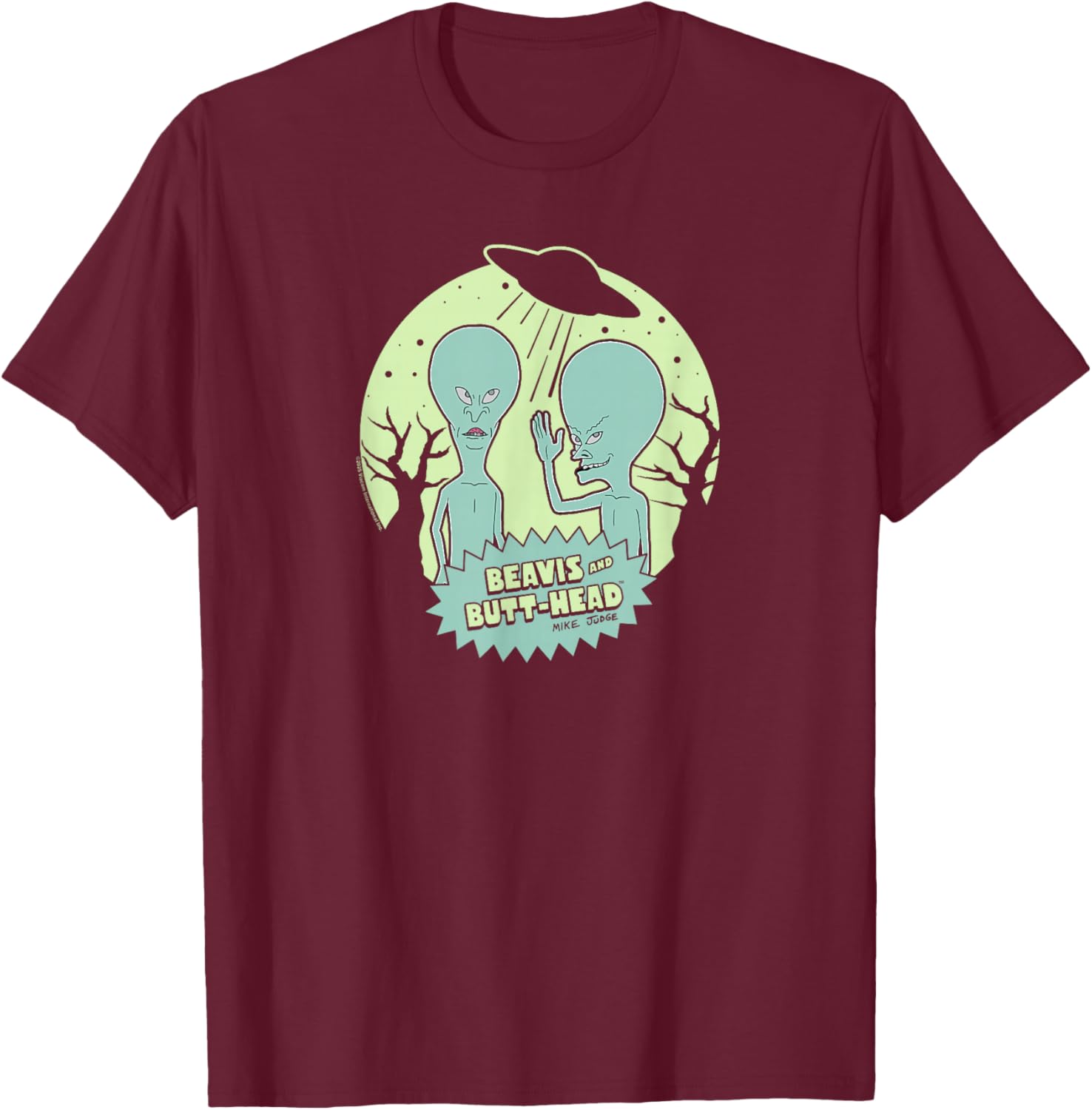 Beavis and Butt-Head Aliens with UFO Retro Funny Cartoon T-Shirt - T-Shirt | Maroon