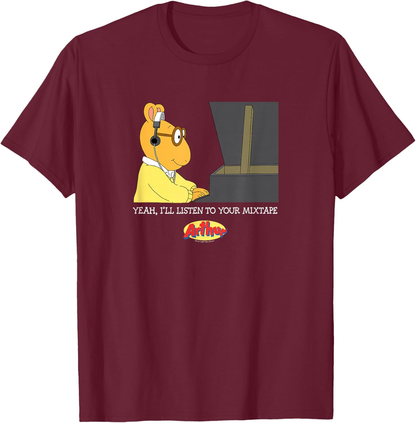 Arthur Adults Black Cartoon , Small, Short Sleeve, , Modern Lightweight, Music, Dance, Casual T-Shirt - T-Shirt | Maroon