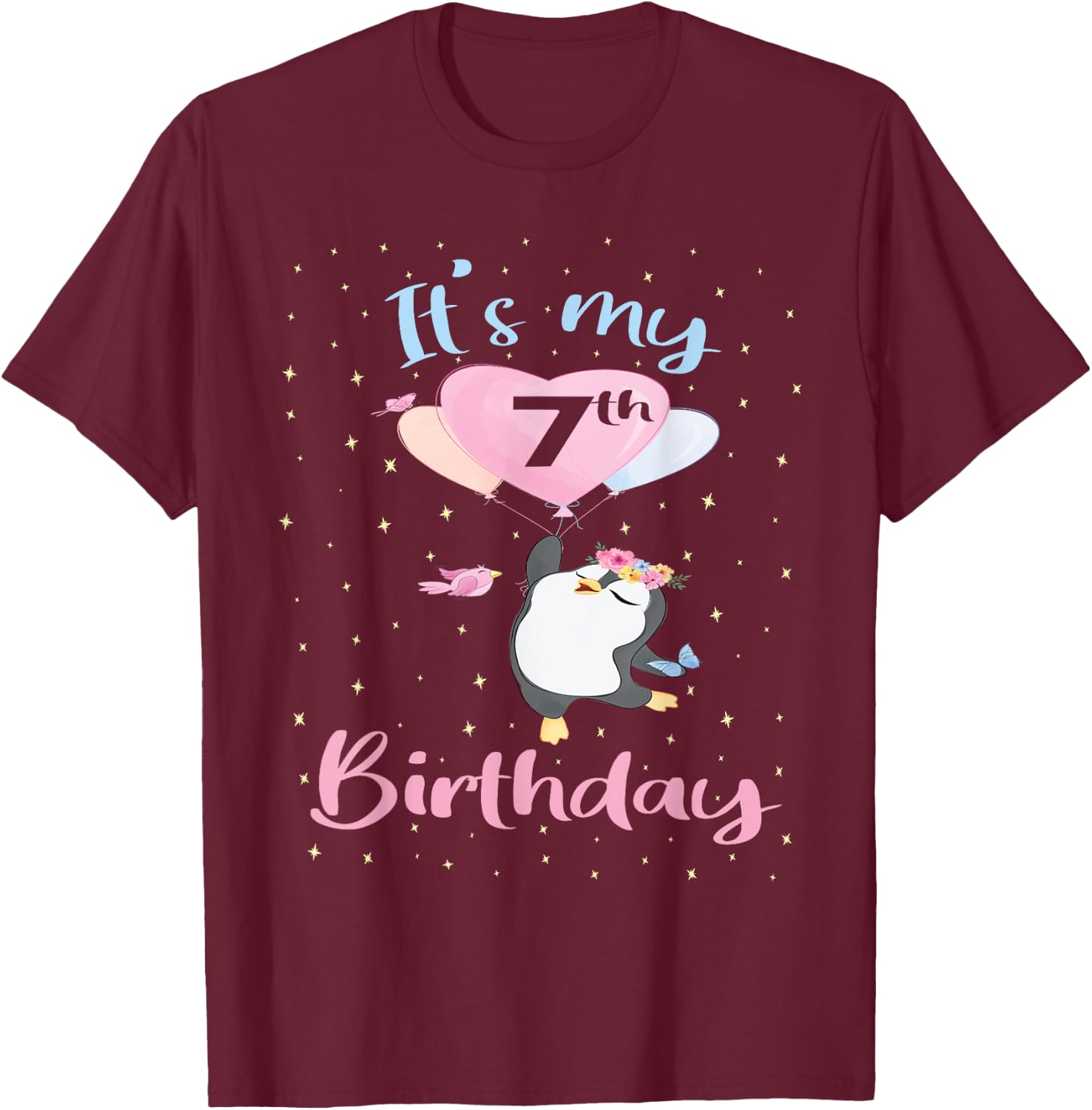 It's My 7th Birthday Penguin Girl 7 Years Old B-day T-Shirt - T-Shirt | Maroon