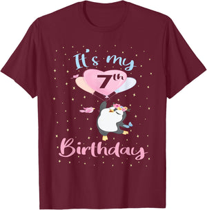 It's My 7th Birthday Penguin Girl 7 Years Old B-day T-Shirt - T-Shirt | Maroon